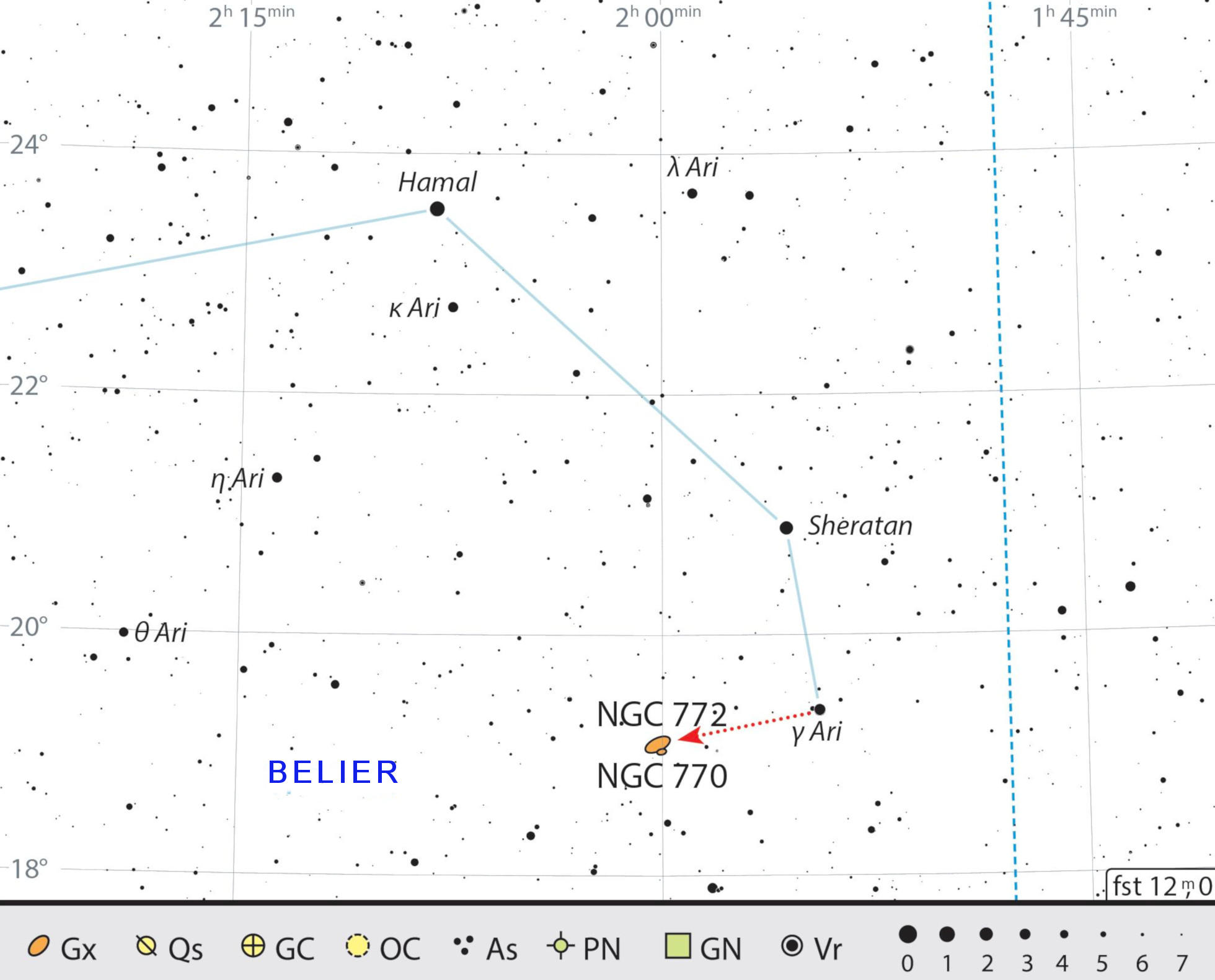 Carte de recherche de NGC 772 dans la constellation du Bélier. J. Scholten